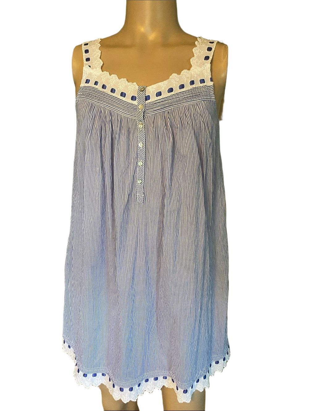 Eileen West Blue and White Striped Lace-Trim Sleeveless Nightgown